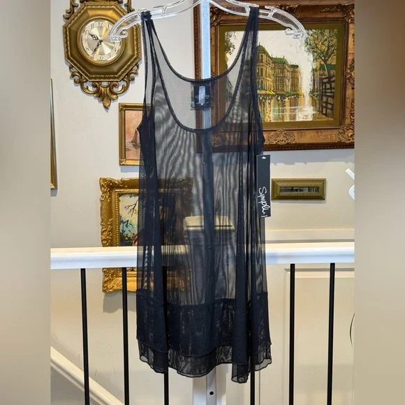 Sympli Black Mesh Overlay Tank Tunic Dress - White House Design - Picture 7 of 14